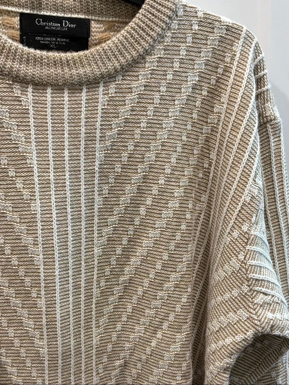 Christian Dior Beige Cream Textured Knit Crewneck Sweater XL Vintage Rare